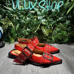 Ganni Wide Welt Buckle Faux Leather Pointed Toe Ballerina Flats Shoes Red 9
